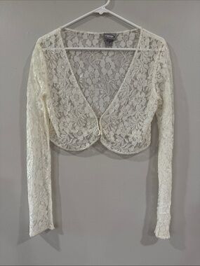 Vintage Y2K Rave ivory White Lace beaded Cropped long sleeve whimsical fairy